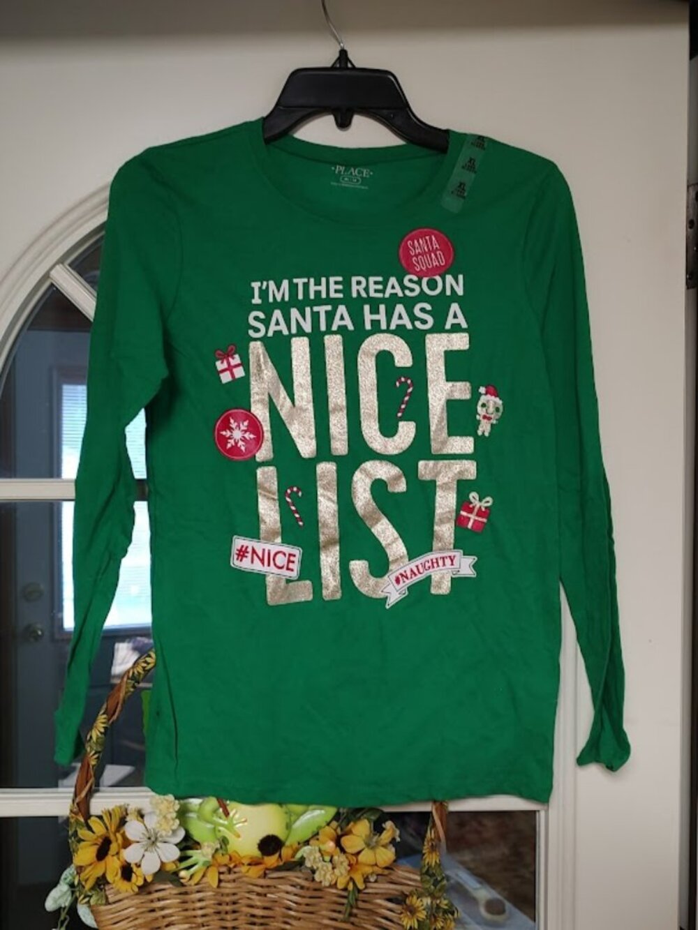 New The Children's Place Green Santa Nice List Long Sleeve Shirt Girl's XL 14